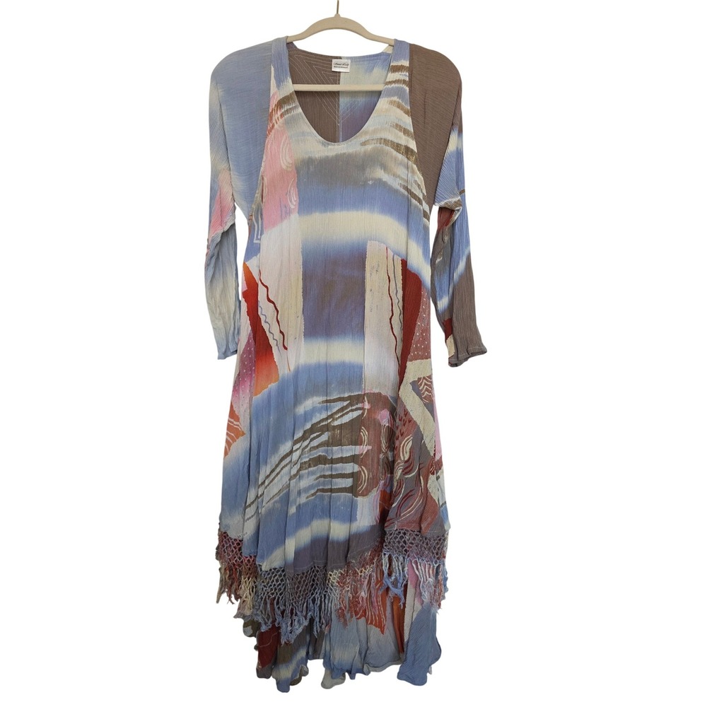 Sweet Lady Abstract Print Fringe Midi Dress‎ Lagenlook Boho Multi-Color Artistic